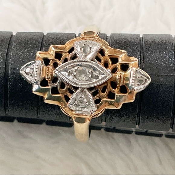 Vintage 14K Solid Gold Filigree Diamond Navette Ring Art Deco Revival Sz 4.75 - Picture 9 of 15